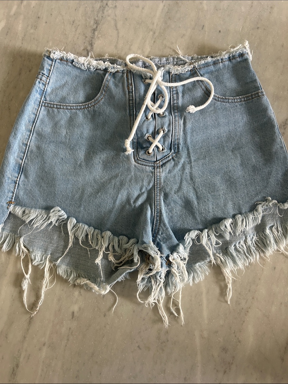 SHEIN Light Blue Lace-Up Frayed Denim Shorts